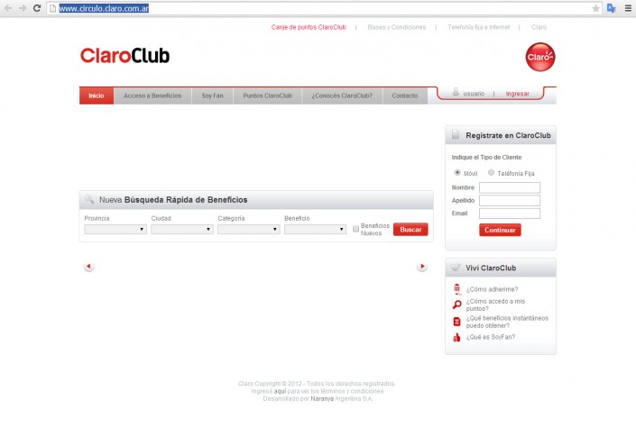 Sitio web de Claro Club en Argentina.